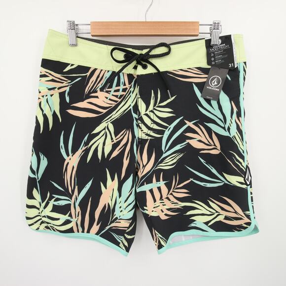 Volcom Swim Trunks Boardshorts Peach Palm Leaf Print 4 Way Stretch Size 31 NWT - Picture 2 of 14